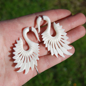 Faux Gauge Earrings Feather Wing Spiral White Bovine Bone Hand Carved