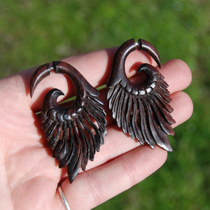 Faux Gauge Earrings Feather Wing Spiral Hand Carved Teak Wood
