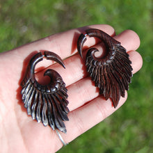 Load image into Gallery viewer, Faux Gauge Earrings Feather Wing Spiral Hand Carved Teak Wood
