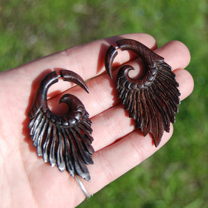 Faux Gauge Earrings Feather Wing Spiral Hand Carved Teak Wood