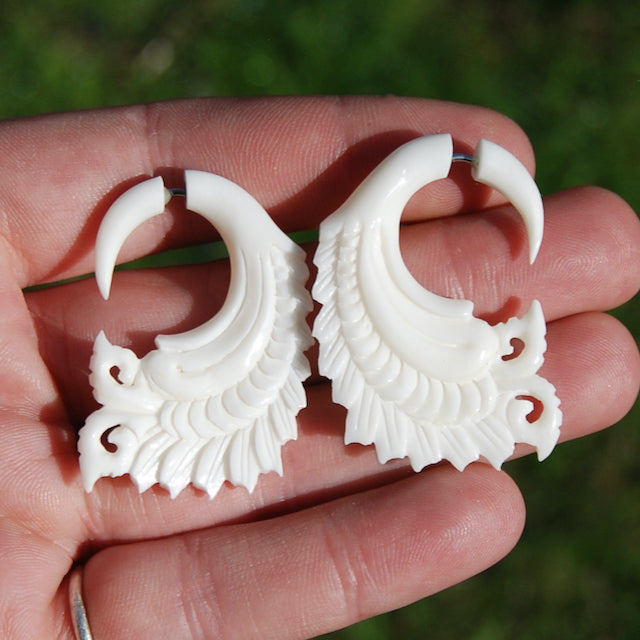 Faux Gauge Earrings Feather Wing Spiral White Bovine Bone Hand Carved