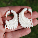 Faux Gauge Earrings Feather Wing Spiral White Bovine Bone Hand Carved
