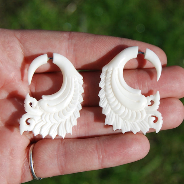 Faux Gauge Earrings Feather Wing Spiral White Bovine Bone Hand Carved