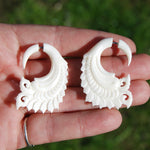 Faux Gauge Earrings Feather Wing Spiral White Bovine Bone Hand Carved
