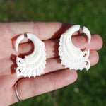 Faux Gauge Earrings Feather Wing Spiral White Bovine Bone Hand Carved