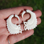 Faux Gauge Earrings Feather Wing Spiral White Bovine Bone Hand Carved
