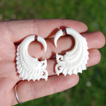 Faux Gauge Earrings Feather Wing Spiral White Bovine Bone Hand Carved