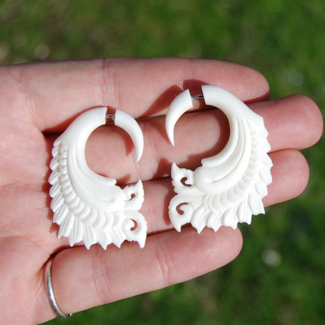 Faux Gauge Earrings Feather Wing Spiral White Bovine Bone Hand Carved