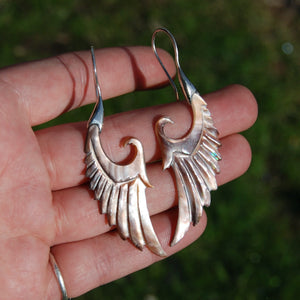 Mother of Pearl Wing Earrings Hand Carved Shell Sterling Silver
