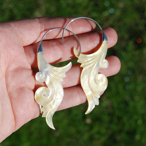 Mother of Pearl Feather Scroll Earrings Hand Carved Shell Sterling Silver