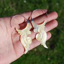 Load image into Gallery viewer, Mother of Pearl Feather Scroll Earrings Hand Carved Shell Sterling Silver
