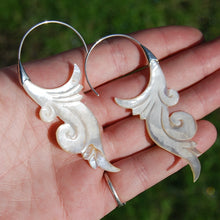 Load image into Gallery viewer, Mother of Pearl Feather Scroll Earrings Hand Carved Shell Sterling Silver
