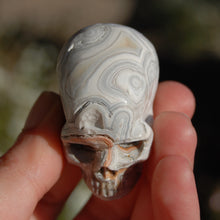 Load image into Gallery viewer, 2in Laguna Lace Agate Geode Carved Crystal Skull, Realistic Gemstone Carving

