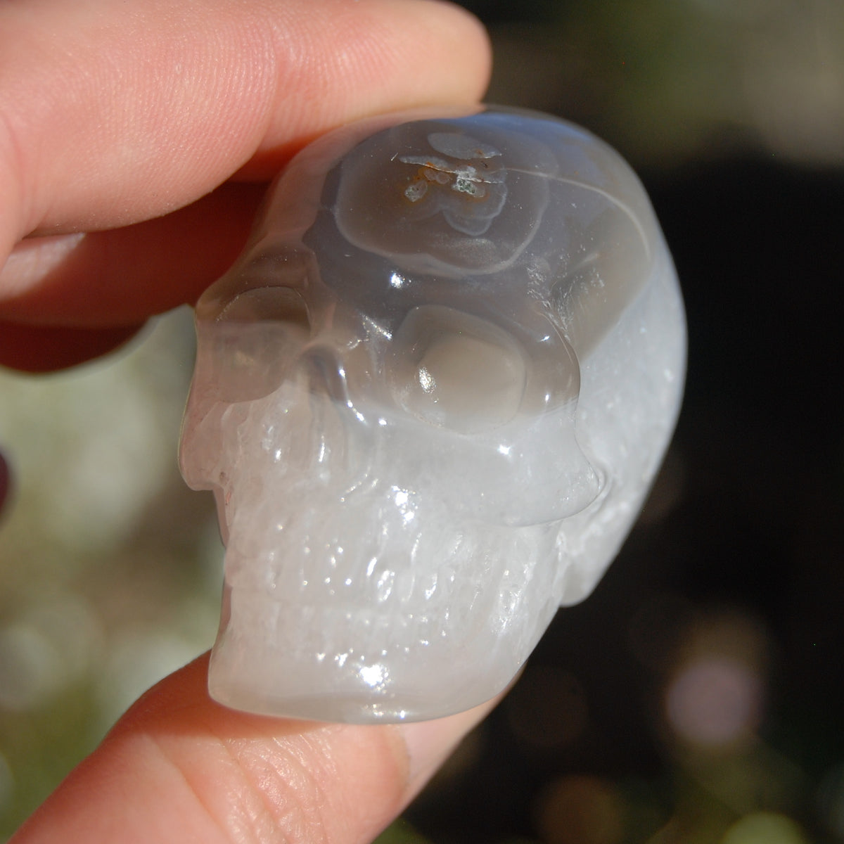 Grey Agate Geode Carved Crystal Skull Realistic Gemstone Carving
