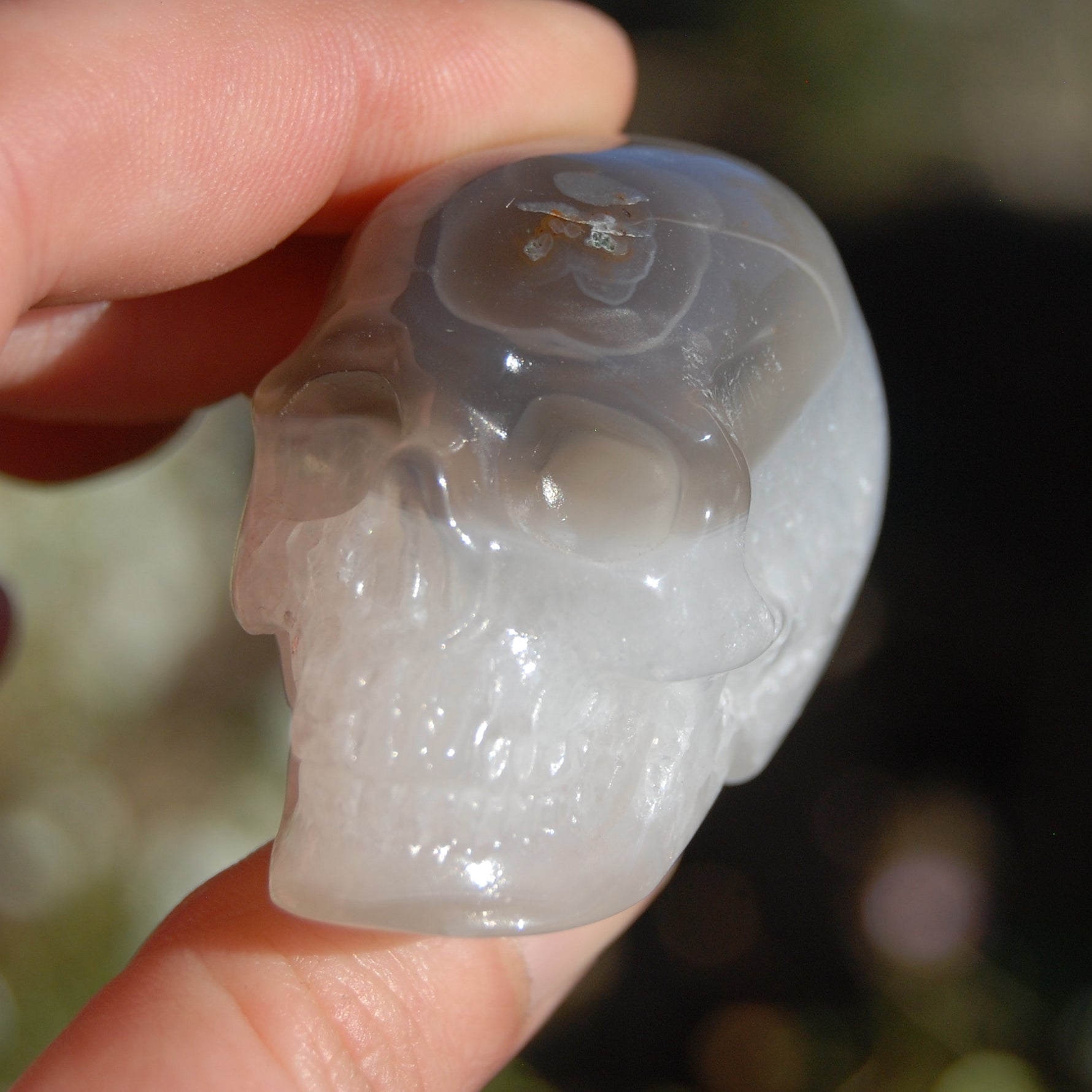 Grey Agate Geode Carved Crystal Skull Realistic Gemstone Carving