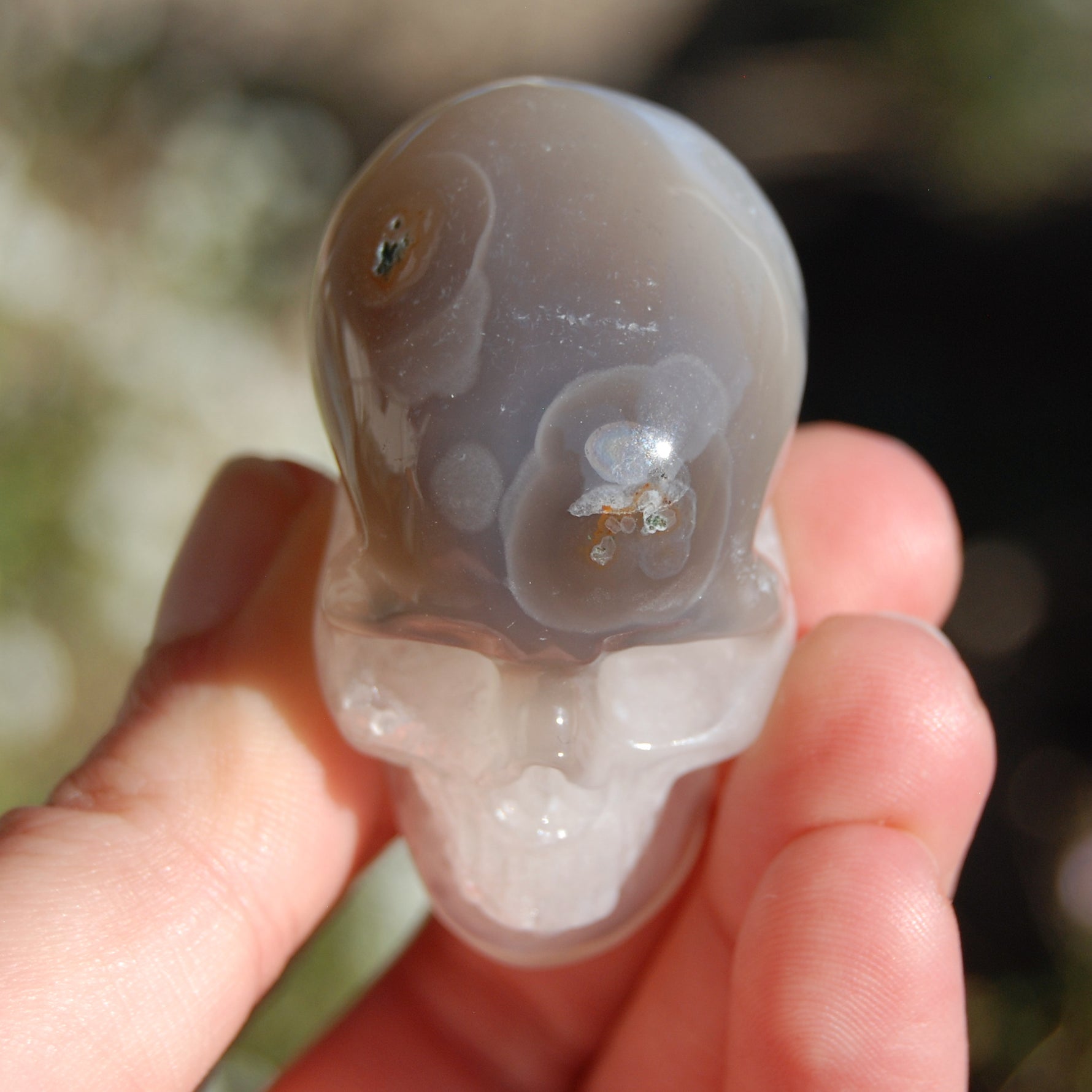 Grey Agate Geode Carved Crystal Skull Realistic Gemstone Carving