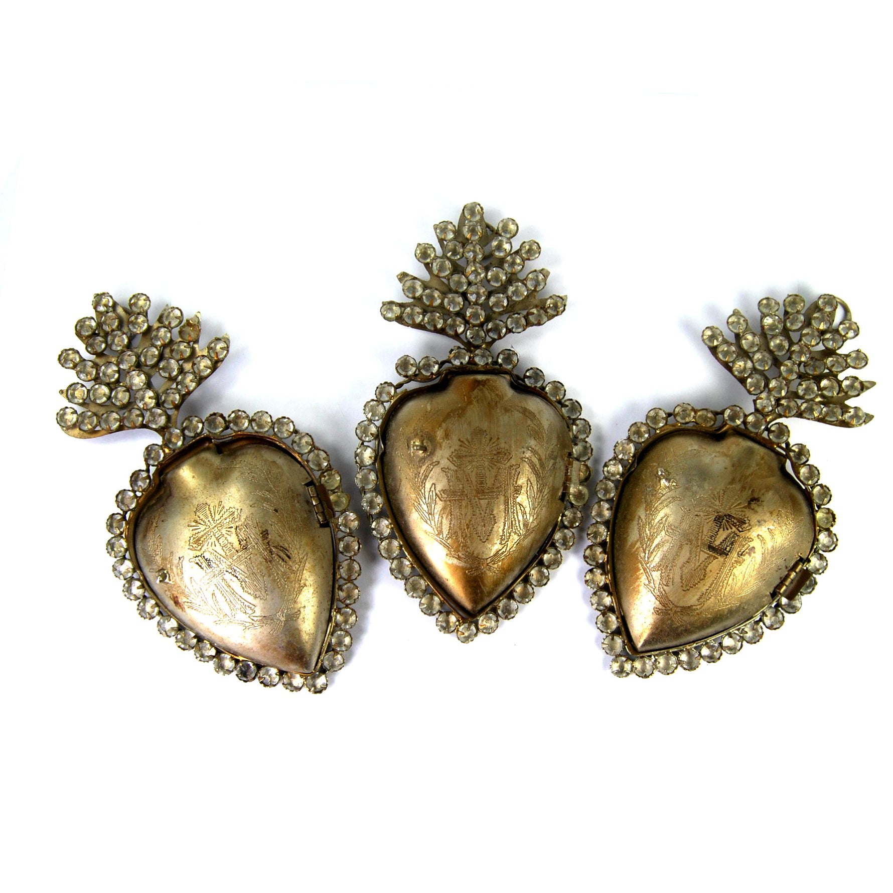 Jeweled Sacred Heart Ex Voto Milagro Locket Silver Rhinestone Ornament
