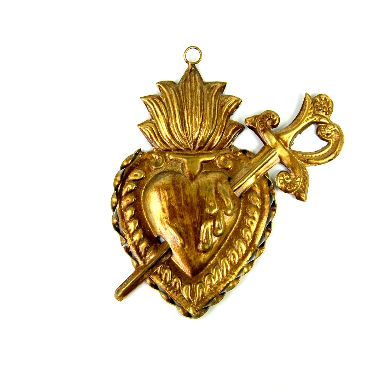 Sacred Heart Ex Voto Milagro Flaming Heart with Sword Ornament