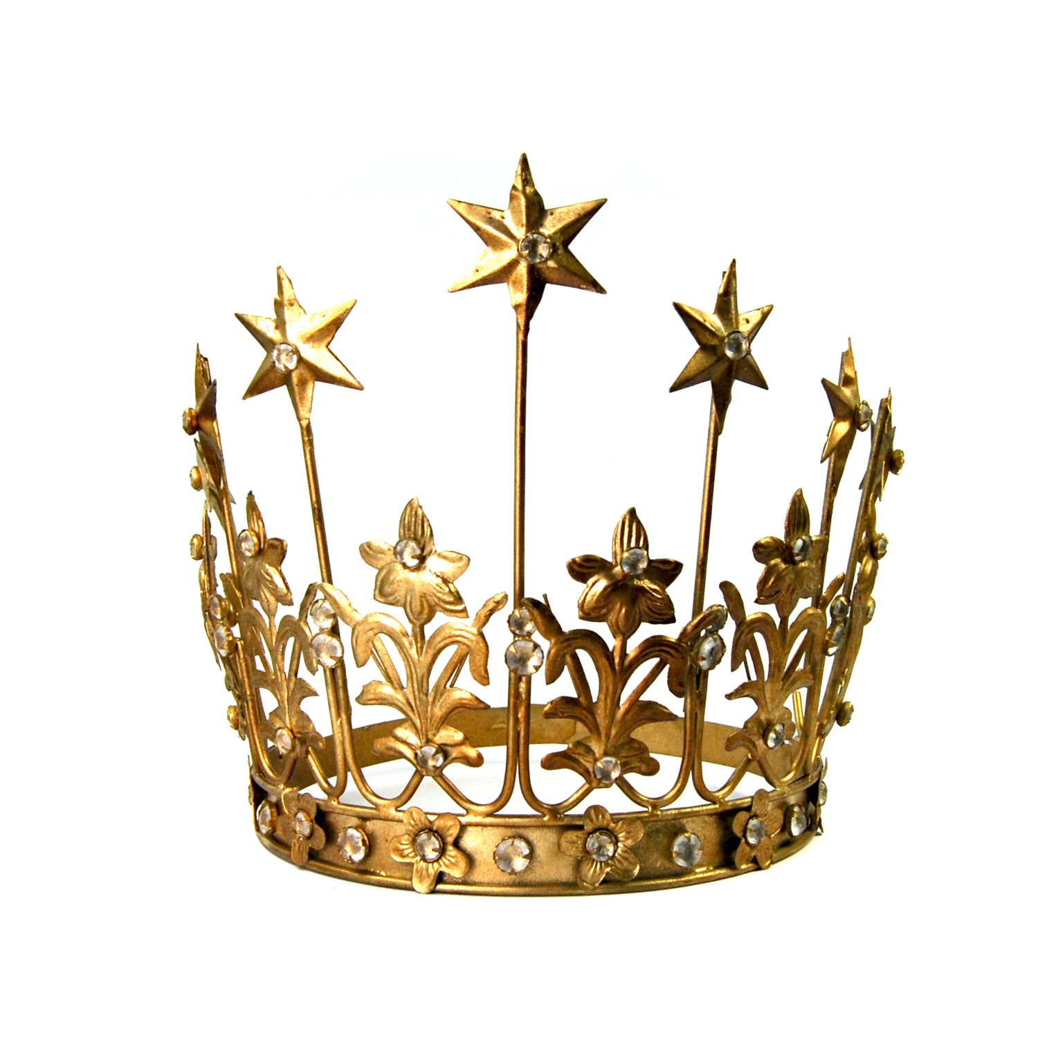 XL Art Nouveau Santos Crown with Lilies Stars Rhinestones Antique Gold 6" to 7" Diameter