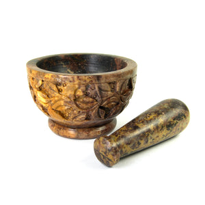 Foliate Carved Mortar and Pestle Natural Soapstone