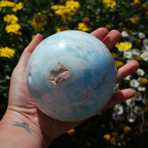 Caribbean Blue Calcite and Aragonite Polished Crystal Sphere Ball
