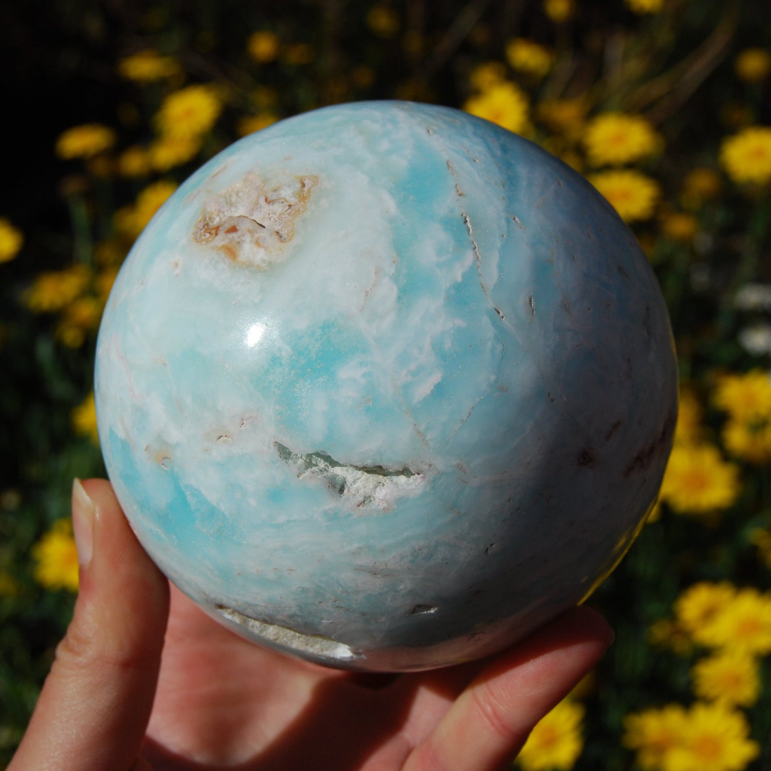 Caribbean Blue Calcite and Aragonite Polished Crystal Sphere Ball