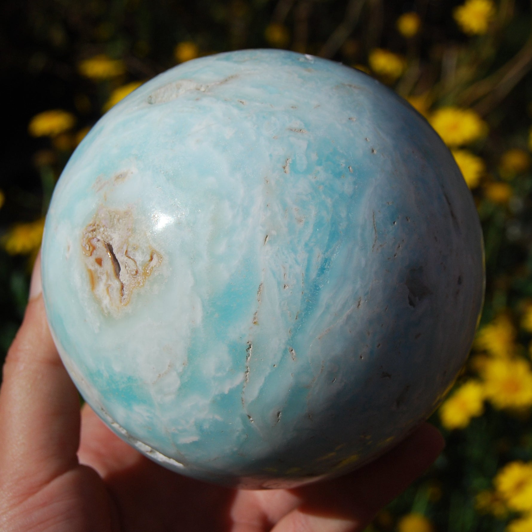 Caribbean Blue Calcite and Aragonite Polished Crystal Sphere Ball