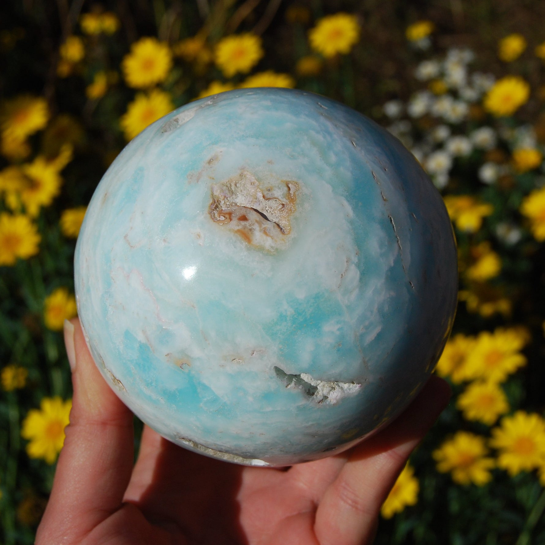 Caribbean Blue Calcite and Aragonite Polished Crystal Sphere Ball
