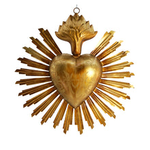 Load image into Gallery viewer, 8in Sacred Heart Ex Voto with Sunray Halo, Antiqued Brass Milagro Ornament
