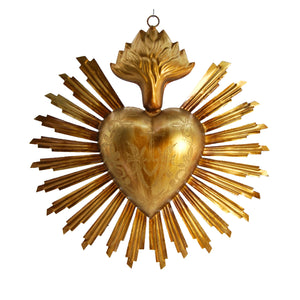 8in Sacred Heart Ex Voto with Sunray Halo, Antiqued Brass Milagro Ornament