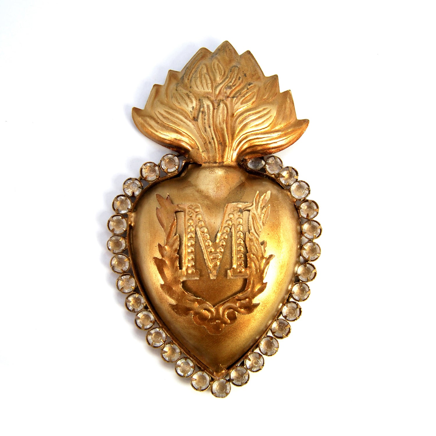 Rhinestone Sacred Heart Ex Voto Antiqued Gold Milagro Ornament