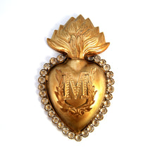 Load image into Gallery viewer, Rhinestone Sacred Heart Ex Voto Antiqued Gold Milagro Ornament
