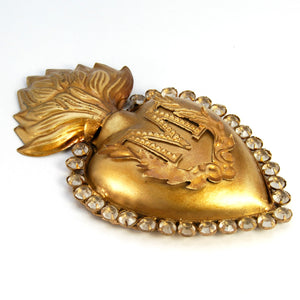 Rhinestone Sacred Heart Ex Voto Antiqued Gold Milagro Ornament