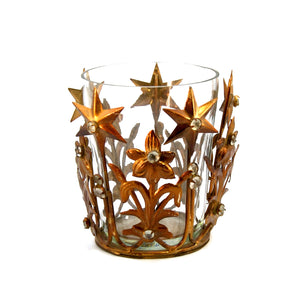 Santos Crown CANDLE HOLDER,  Jeweled Antiqued Gold Star Crown Votive Holder