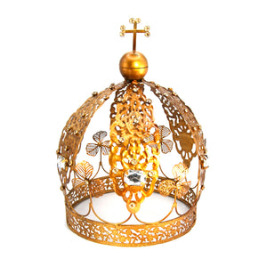 XL 11in Jeweled Santos Crown Clover Orb and Cross Motif, Decorative Antiqued Brass Rhinestones