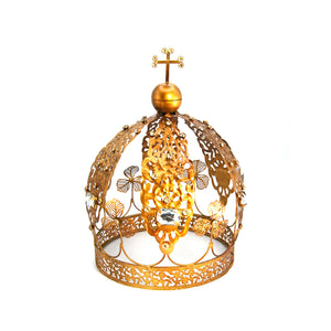 XL 11in Jeweled Santos Crown Clover Orb and Cross Motif, Decorative Antiqued Brass Rhinestones