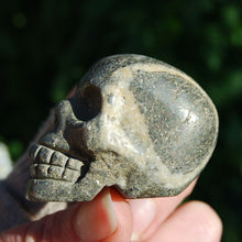 Load image into Gallery viewer, Pyrite Carved Crystal Skull, Fool&#39;s Gold Crystal Skull
