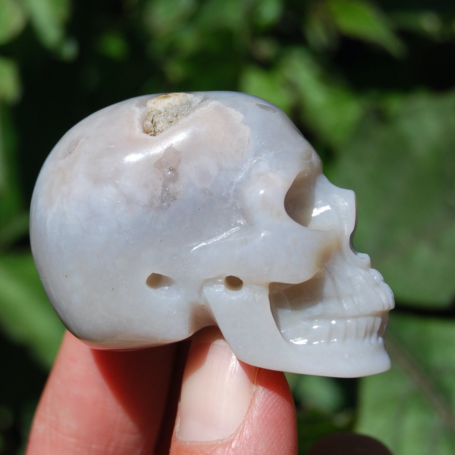 Flower Agate Carved Crystal Skull, Realistic Sakura Agate Carving