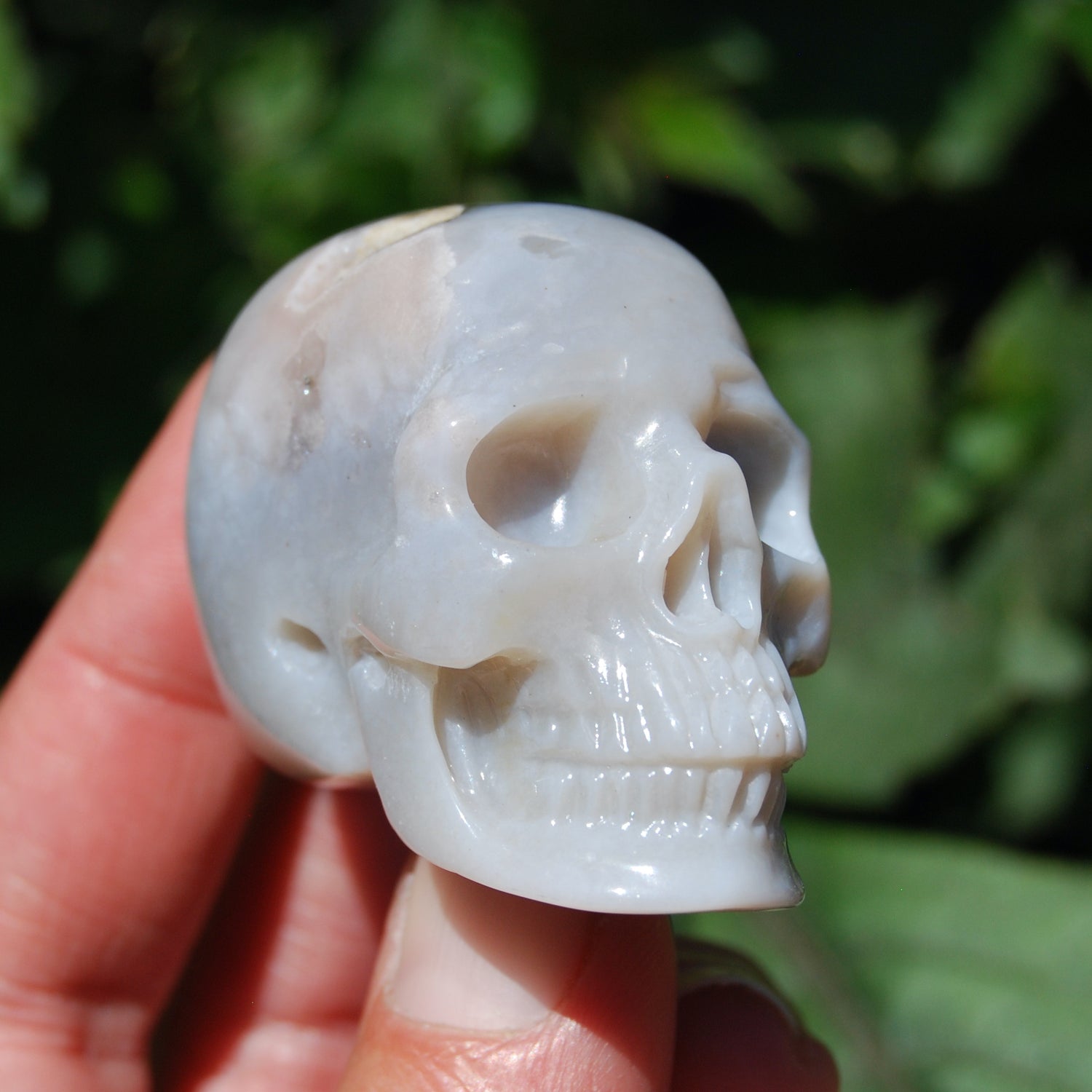 Flower Agate Carved Crystal Skull, Realistic Sakura Agate Carving
