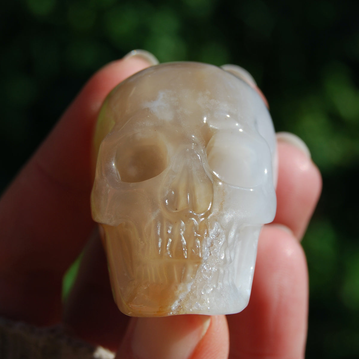Sakura Agate Crystal Skull, Realistic Flower Agate Skull Carving