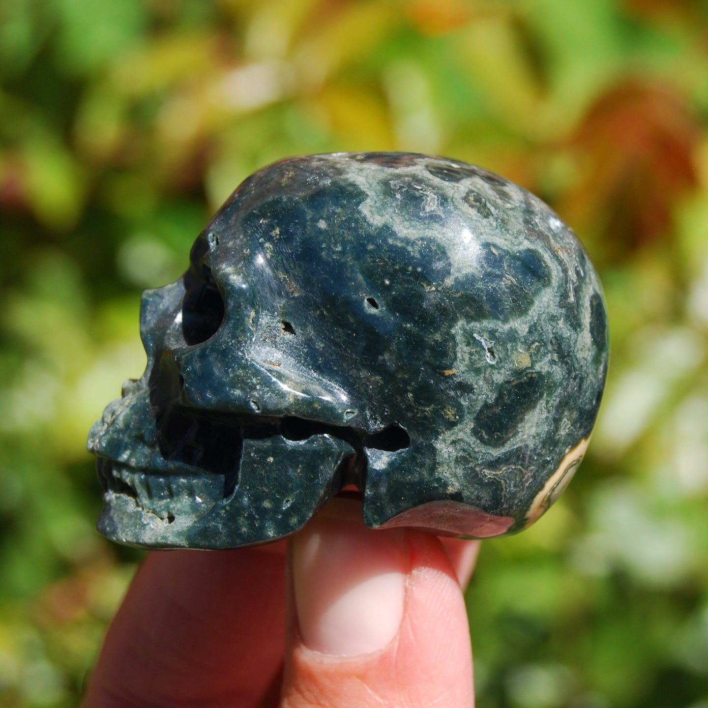 Ocean Jasper Geode Carved Crystal Skull