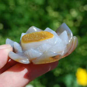 Agate Geode Lotus Flower Hand Carved Crystal Druzy