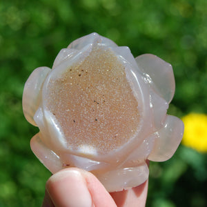 Agate Geode Lotus Flower Hand Carved Crystal Druzy