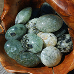 Prehnite, Prehnite Epidote Crystal Palm Stone