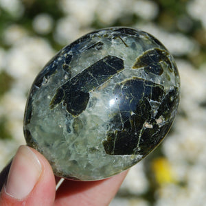 Prehnite, Prehnite Epidote Crystal Palm Stone