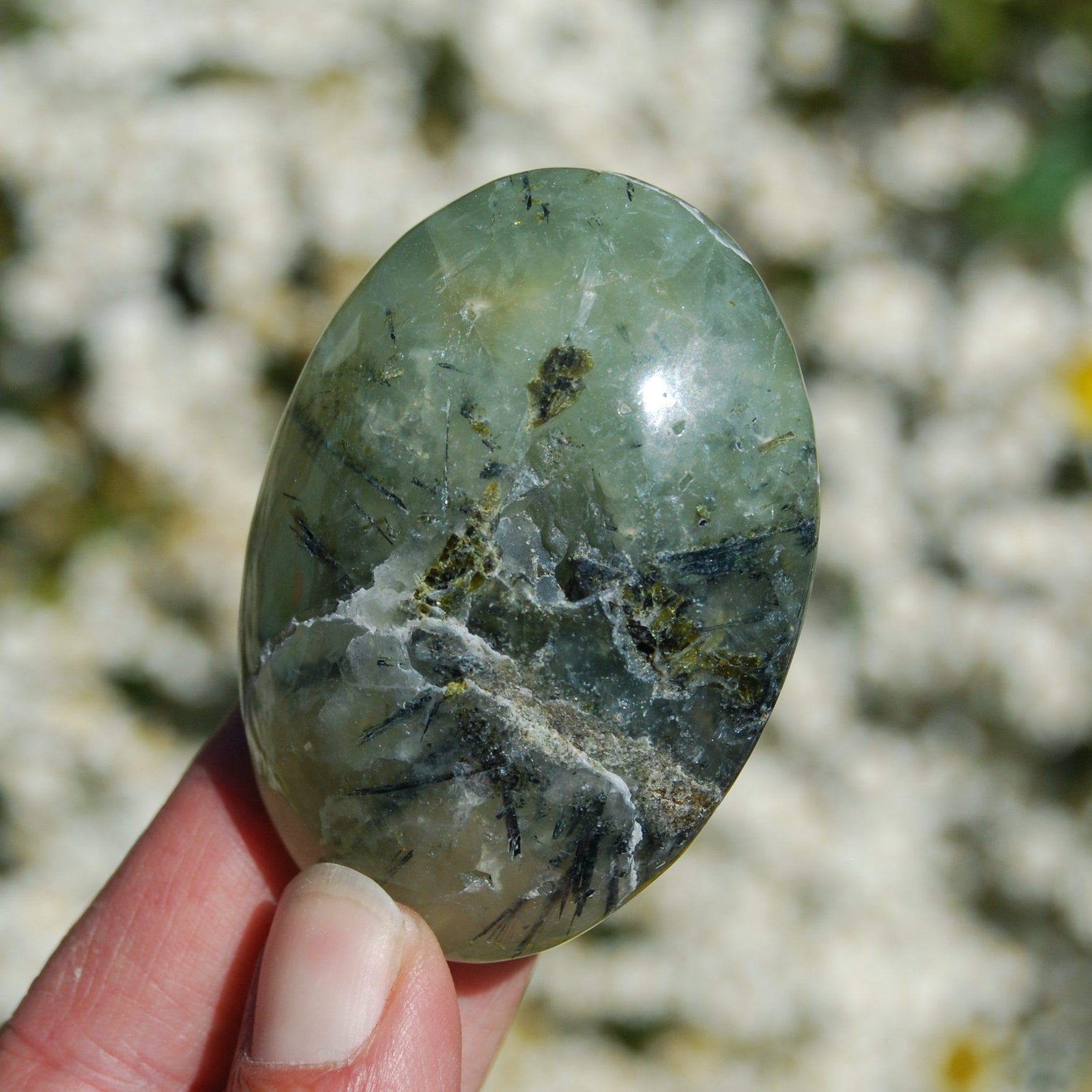 Prehnite, Prehnite Epidote Crystal Palm Stone