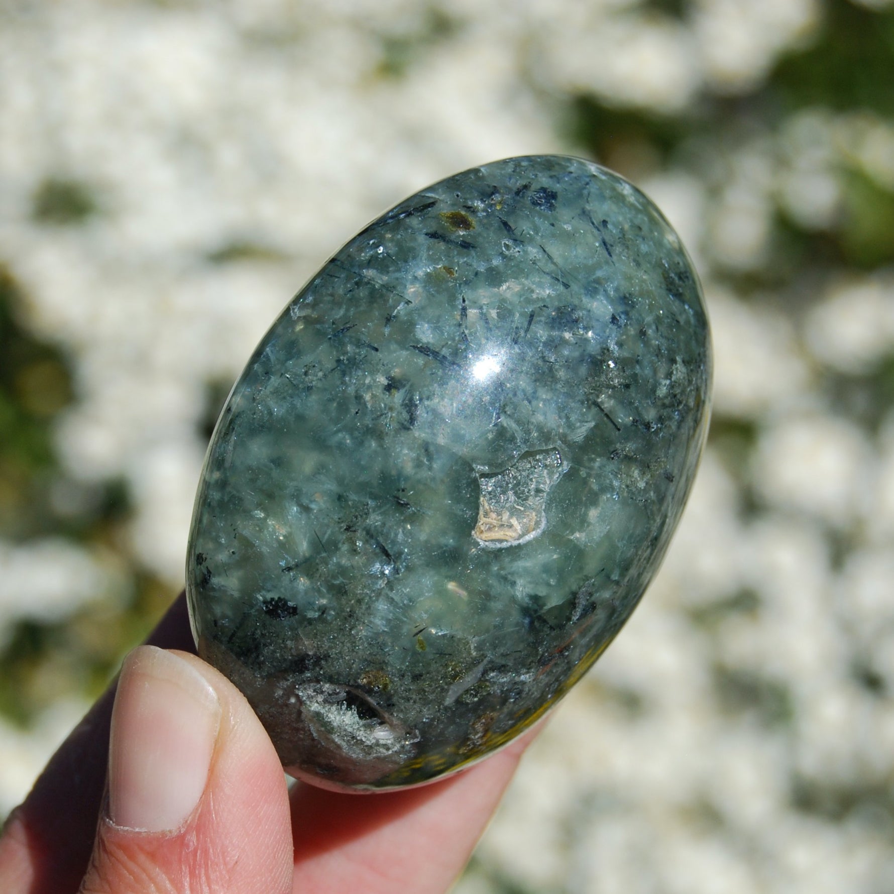 Prehnite, Prehnite Epidote Crystal Palm Stone