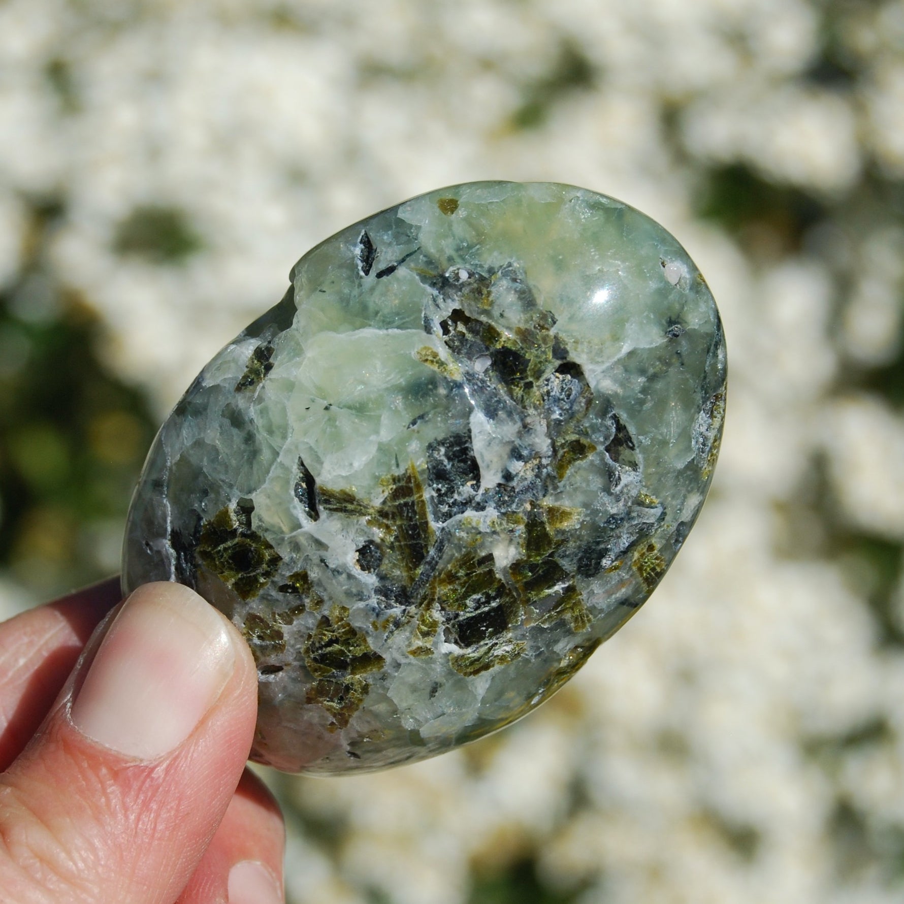 Prehnite, Prehnite Epidote Crystal Palm Stone