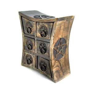 Pentagram Curved Table Cabinet Chest with 6 Drawers Carved For Herbs Incense Altar Tools Jewelry Storage