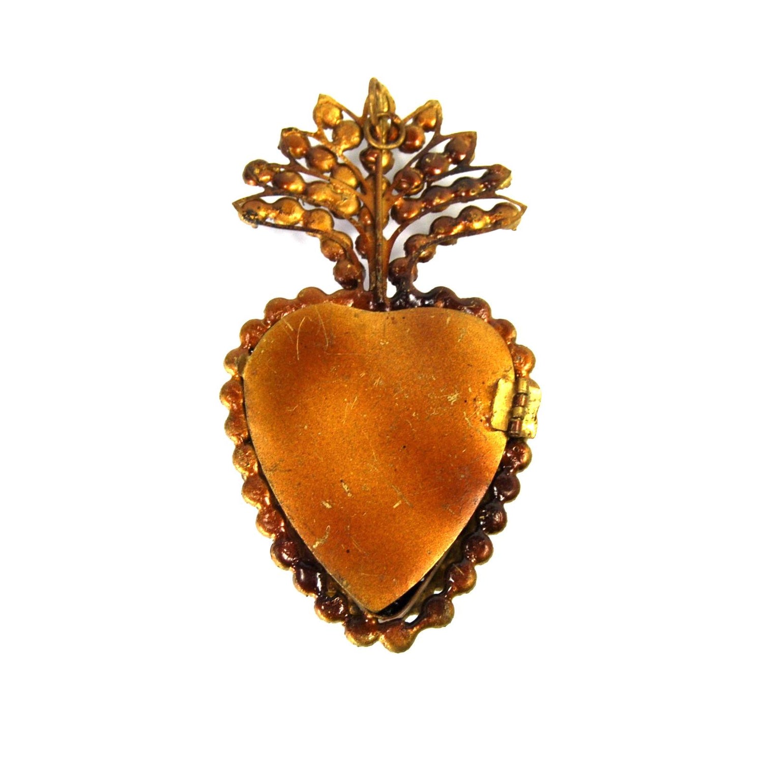 Jeweled Sacred Heart Ex Voto Milagro Locket Cachette Rhinestone Mother of Pearl 